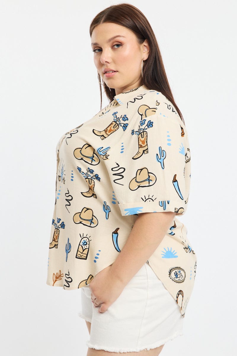 Beige Abstract Relaxed Shirt Short Sleeve Cowboy Print for YouandAll Fashion