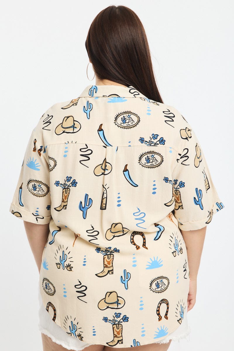 Beige Abstract Relaxed Shirt Short Sleeve Cowboy Print for YouandAll Fashion