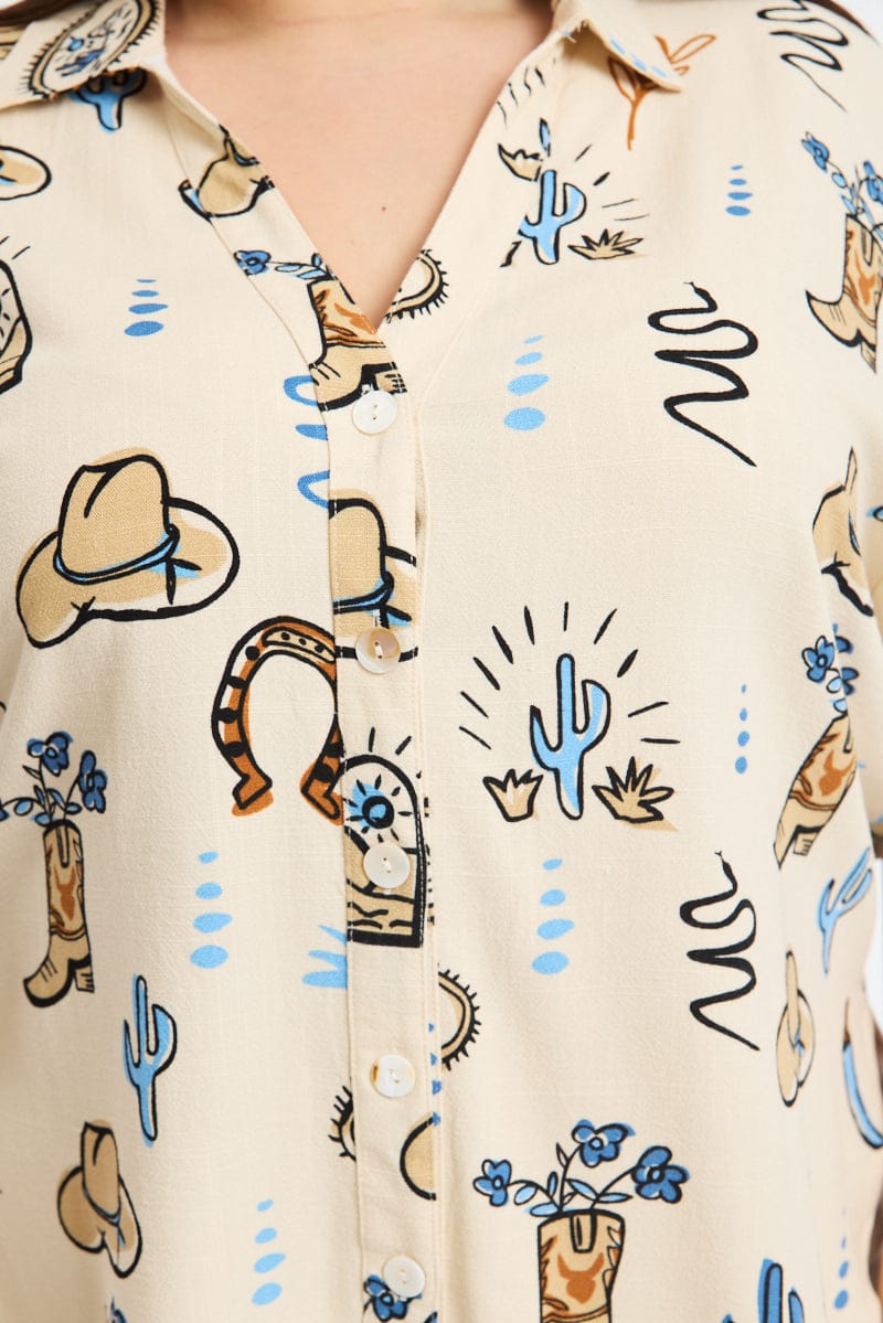 Beige Abstract Relaxed Shirt Short Sleeve Cowboy Print for YouandAll Fashion