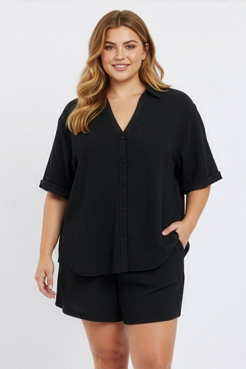 Black Relaxed Shirt Short Sleeve Textured for YouandAll Fashion