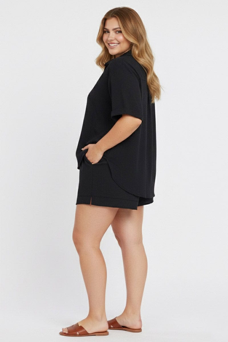 Black Relaxed Shirt Short Sleeve Textured for YouandAll Fashion