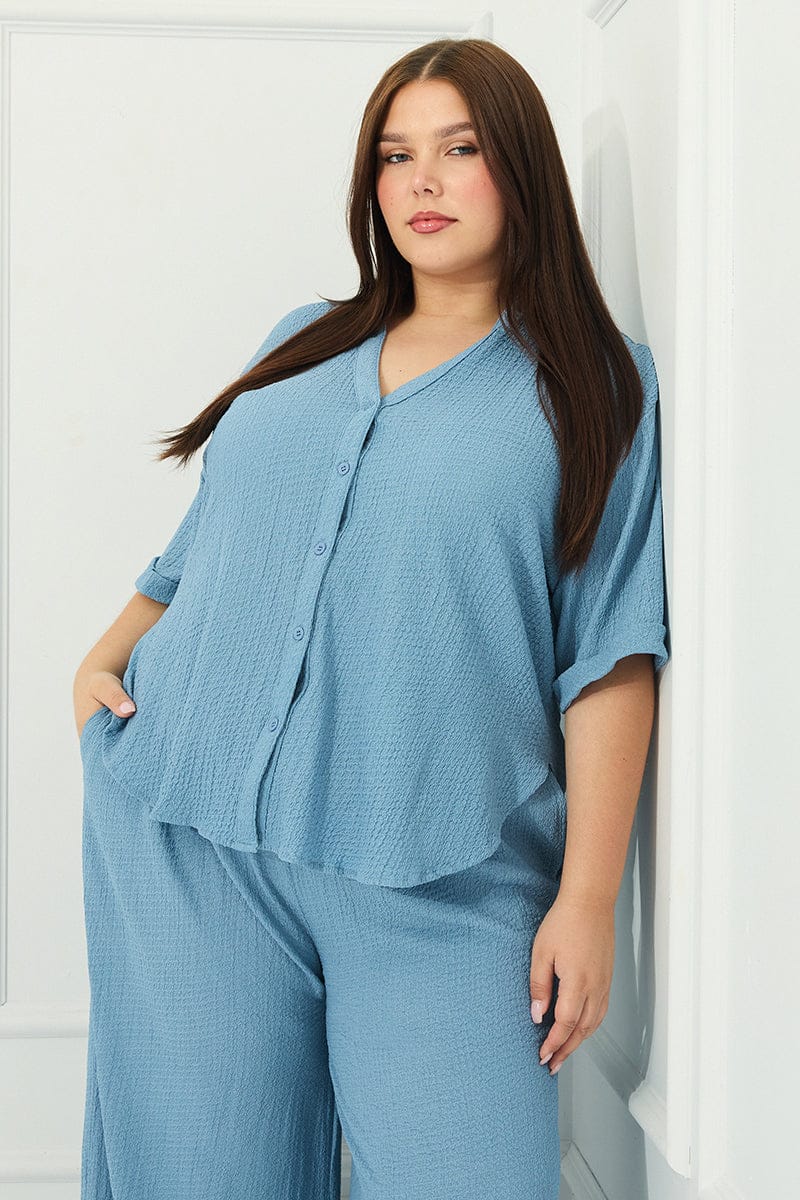 Blue Relaxed Shirt Short Sleeve Textured for YouandAll Fashion