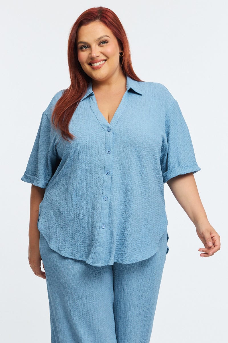 Blue Relaxed Shirt Short Sleeve Textured for YouandAll Fashion
