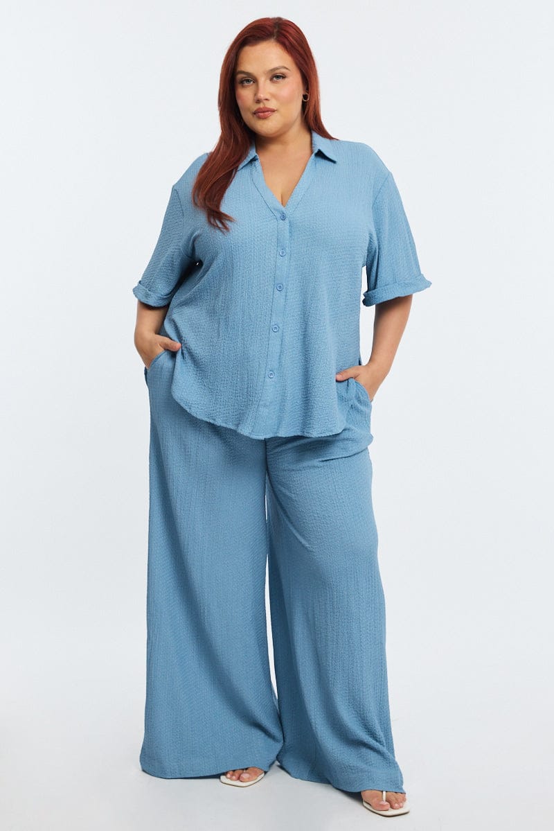 Blue Relaxed Shirt Short Sleeve Textured for YouandAll Fashion