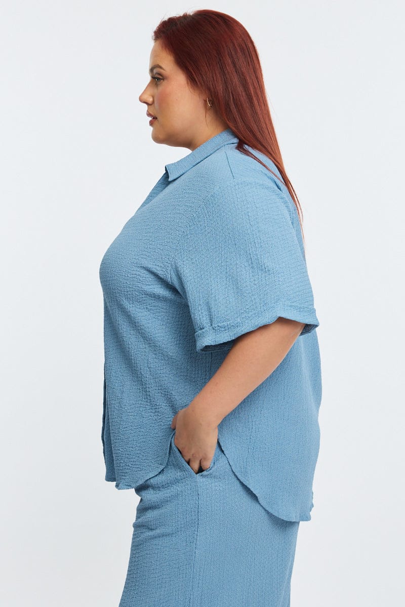 Blue Relaxed Shirt Short Sleeve Textured for YouandAll Fashion