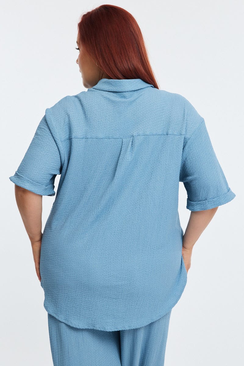Blue Relaxed Shirt Short Sleeve Textured for YouandAll Fashion