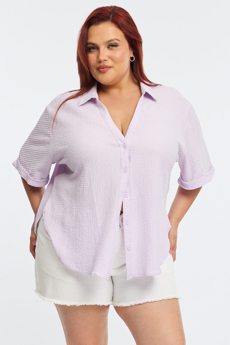 Purple Relaxed Shirt Short Sleeve Textured for YouandAll Fashion