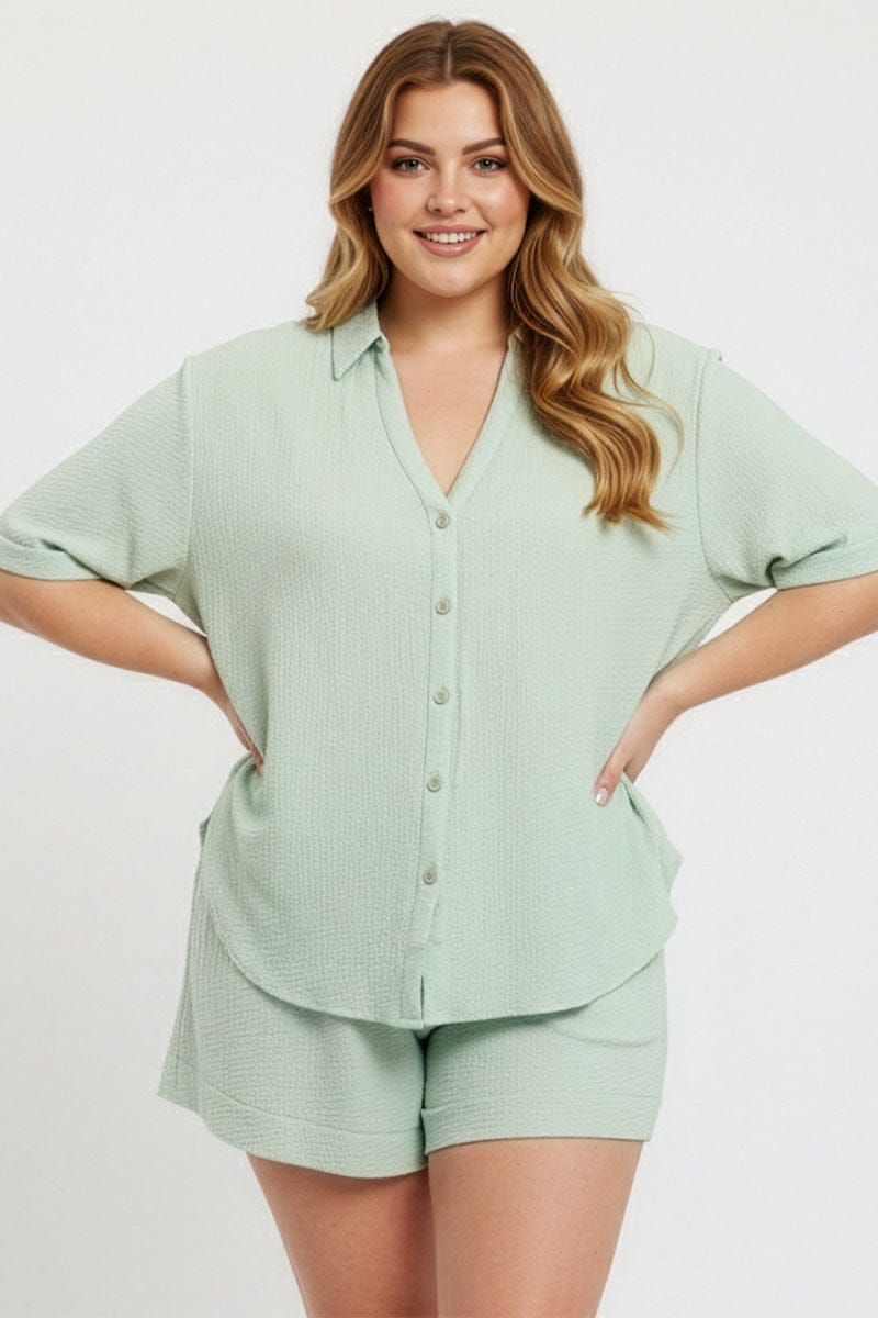Green Relaxed Shirt Short Sleeve Textured for YouandAll Fashion