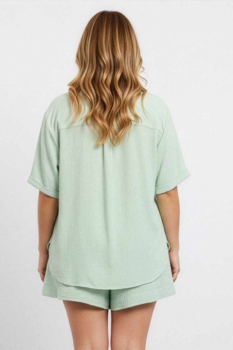 Green Relaxed Shirt Short Sleeve Textured for YouandAll Fashion