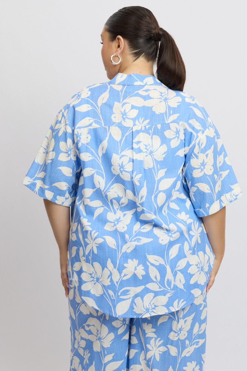 Blue Abstract Relaxed Shirt Short Sleeve Linen Blend for YouandAll Fashion