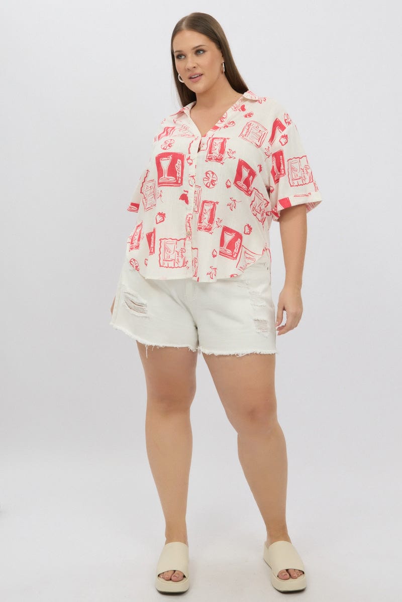 Red Abstract Relaxed Shirt Short Sleeve for YouandAll Fashion