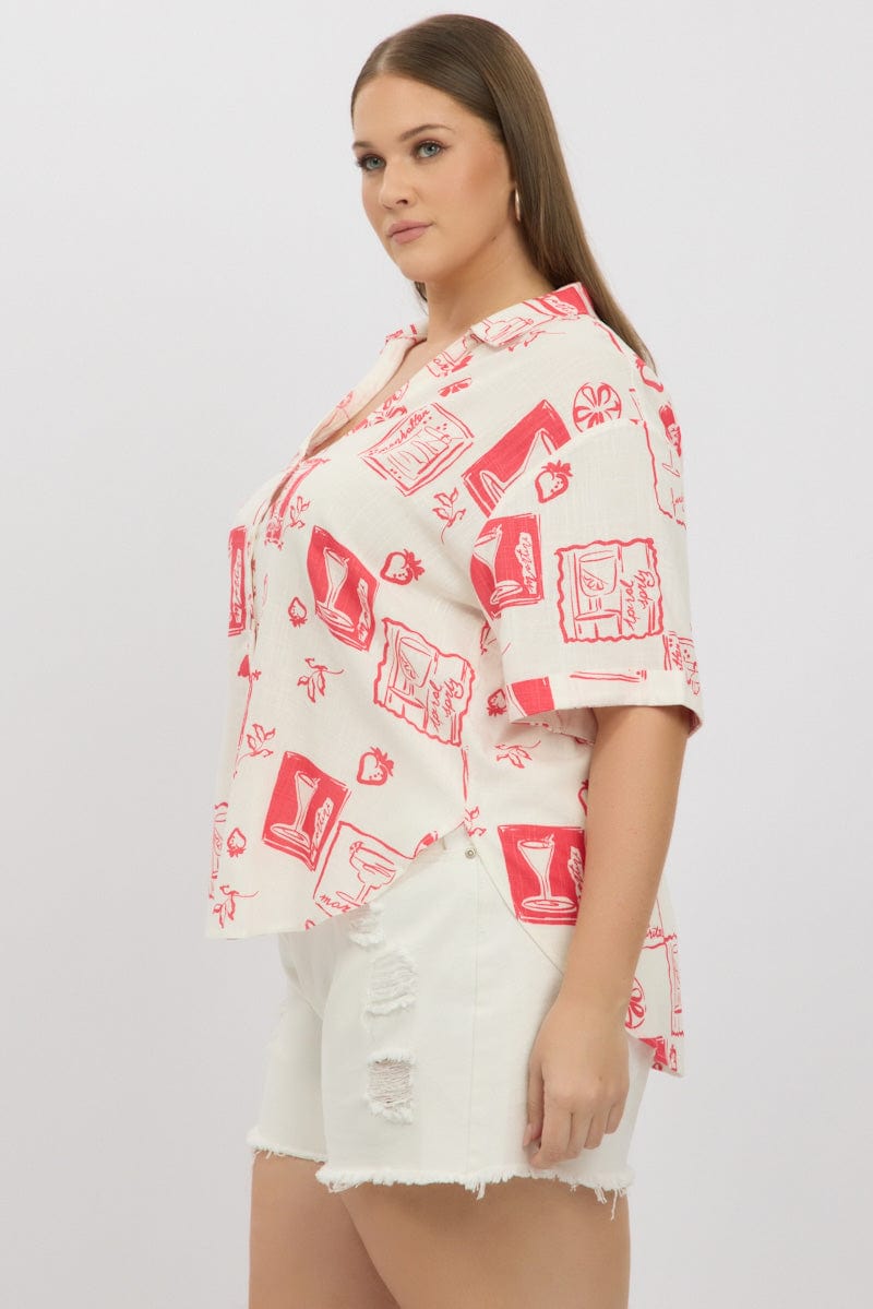 Red Abstract Relaxed Shirt Short Sleeve for YouandAll Fashion