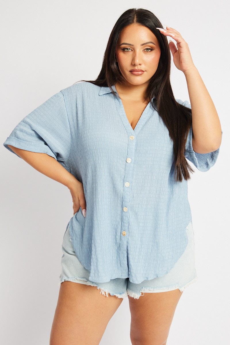 Blue Relaxed Shirt Short Sleeve Textured for YouandAll Fashion