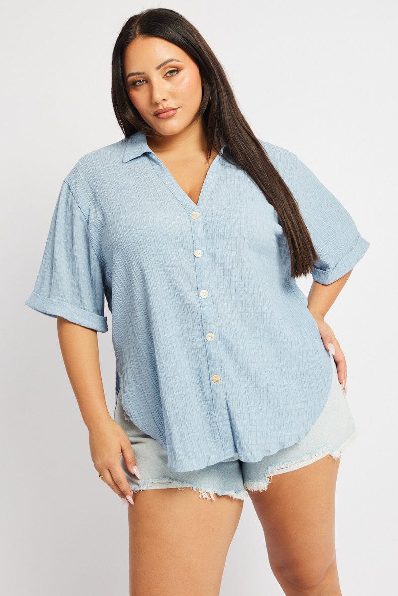 Blue Relaxed Shirt Short Sleeve Textured for YouandAll Fashion