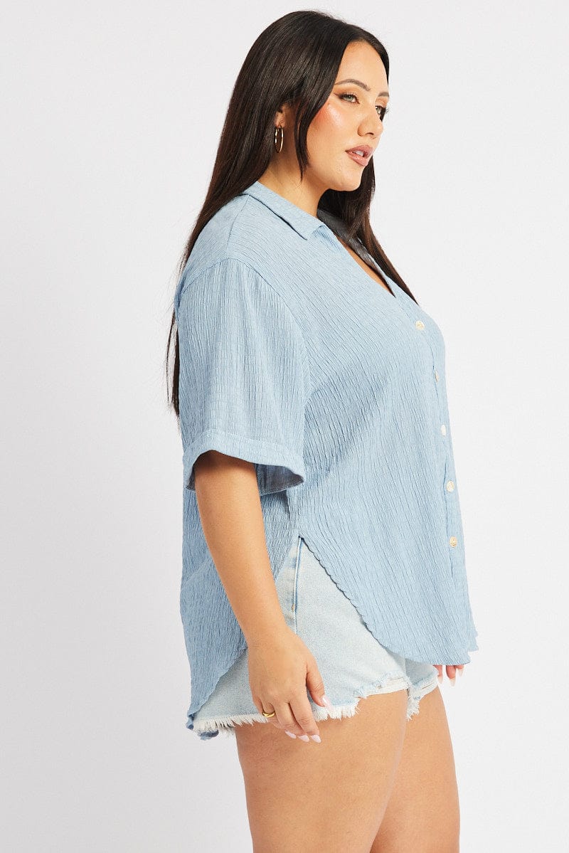 Blue Relaxed Shirt Short Sleeve Textured for YouandAll Fashion