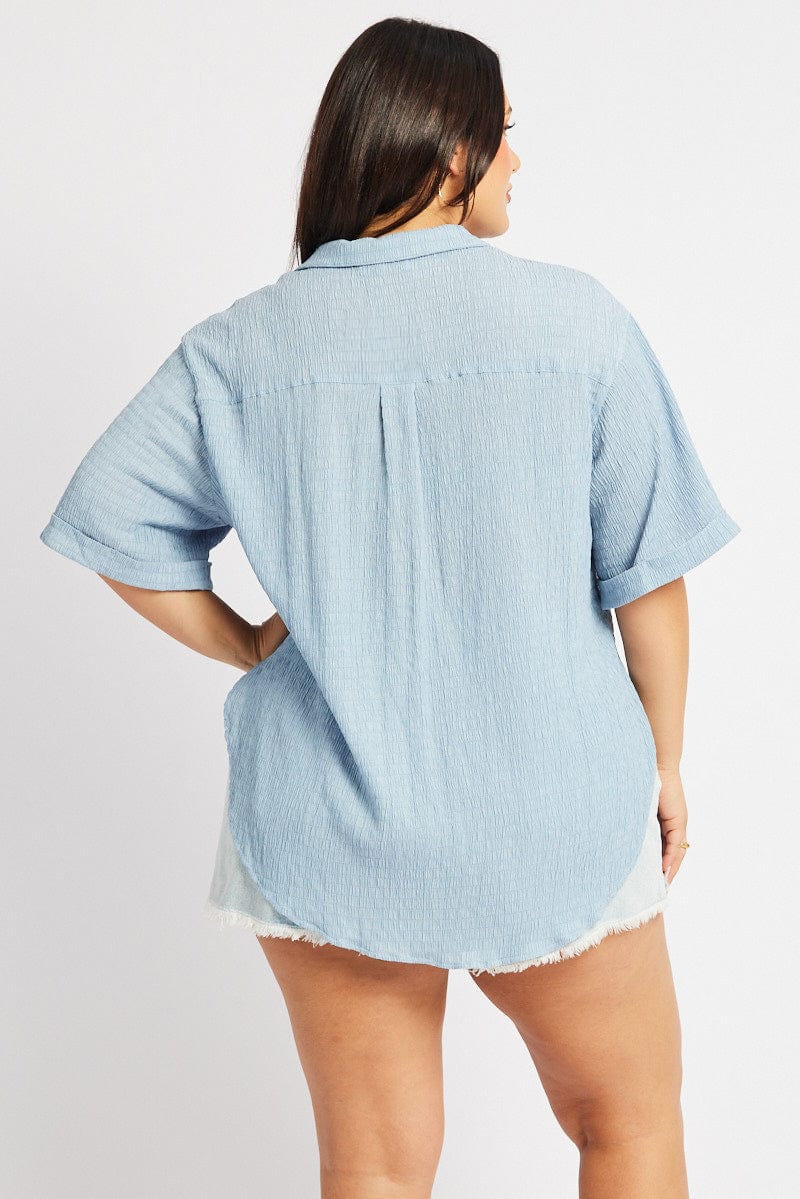 Blue Relaxed Shirt Short Sleeve Textured for YouandAll Fashion