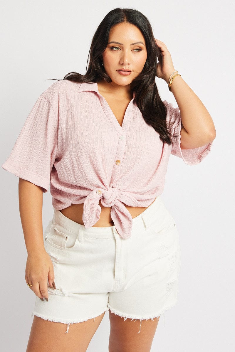 Pink Relaxed Shirt Short Sleeve Textured for YouandAll Fashion