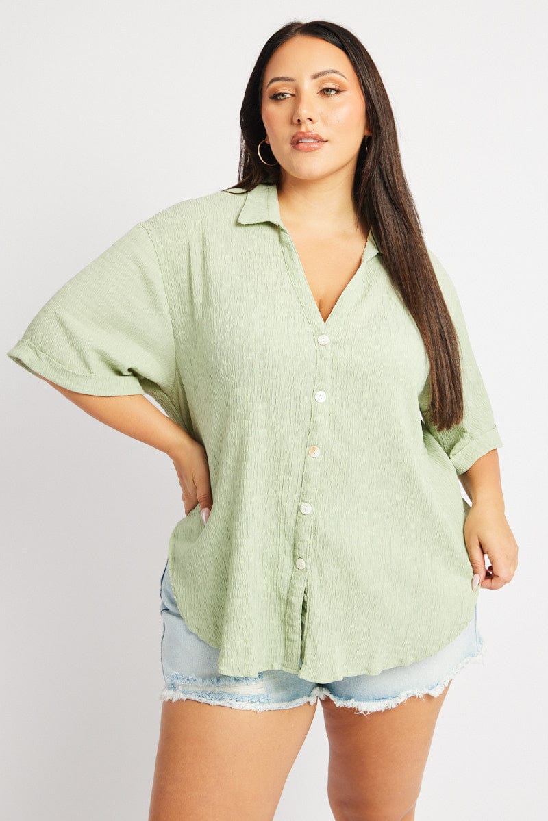 Green Relaxed Shirt Short Sleeve Textured for YouandAll Fashion