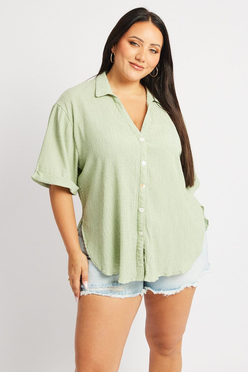 Green Relaxed Shirt Short Sleeve Textured for YouandAll Fashion