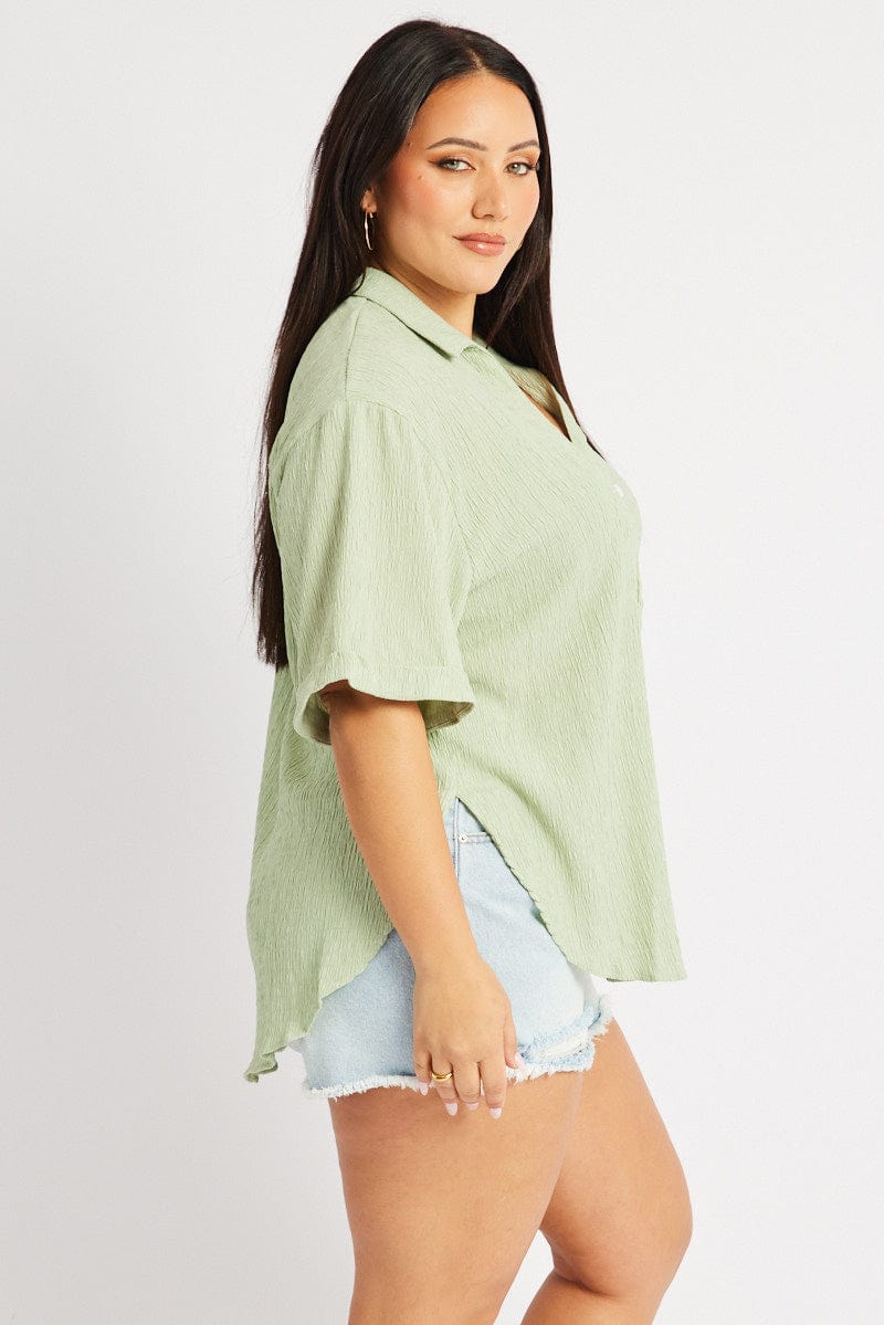 Green Relaxed Shirt Short Sleeve Textured for YouandAll Fashion