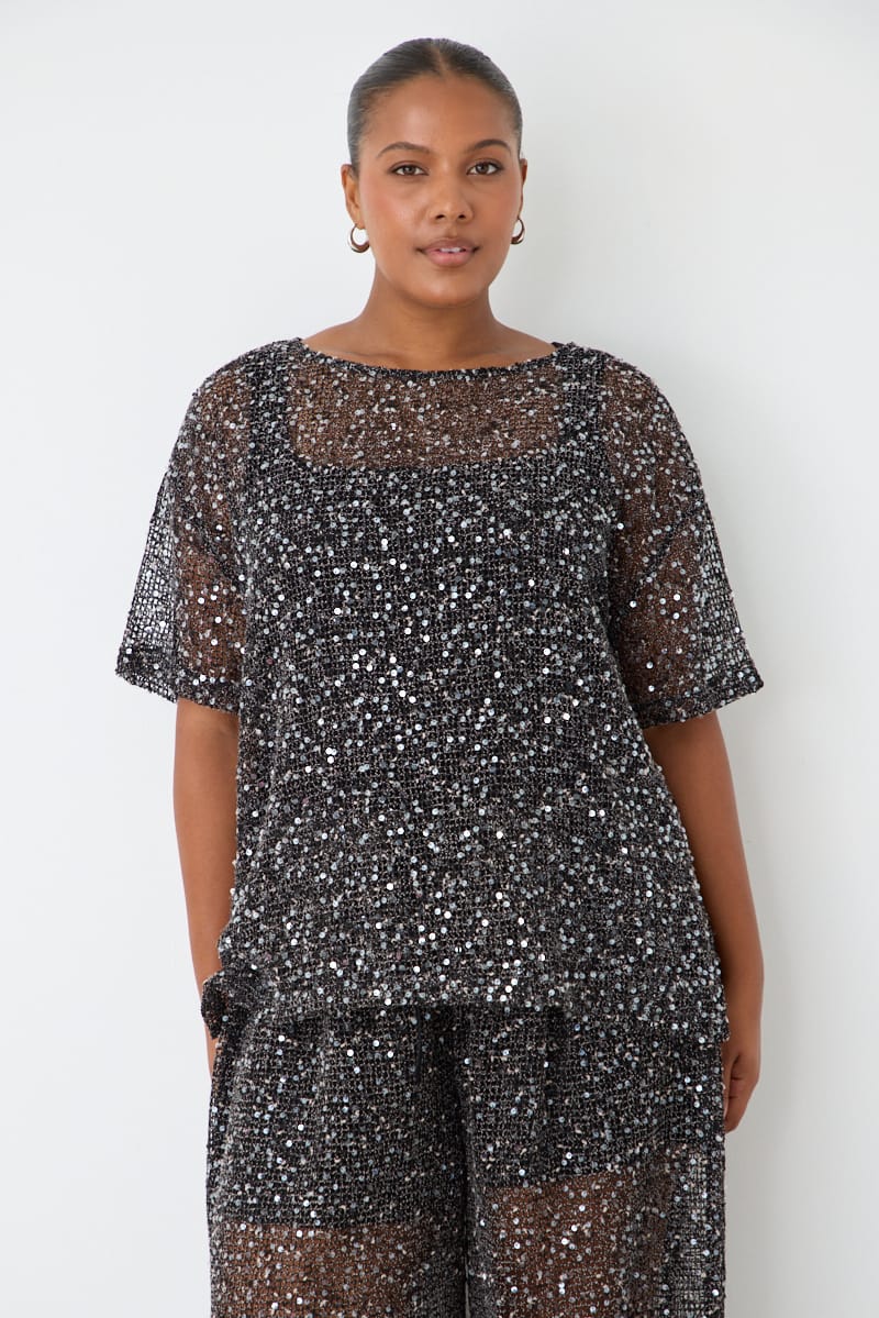 Black Metallic Oversized Short Sleeve Top for YouandAll Fashion