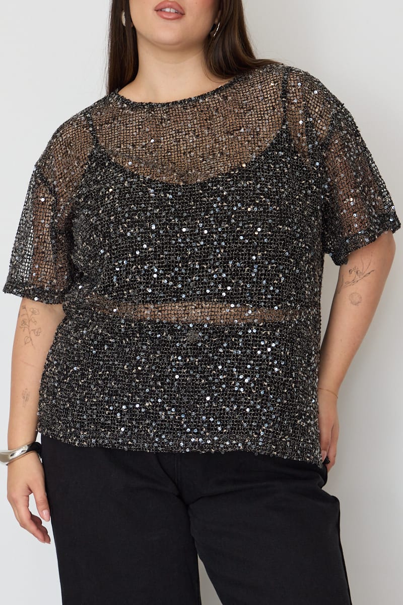 Black Metallic Oversized Short Sleeve Top for YouandAll Fashion