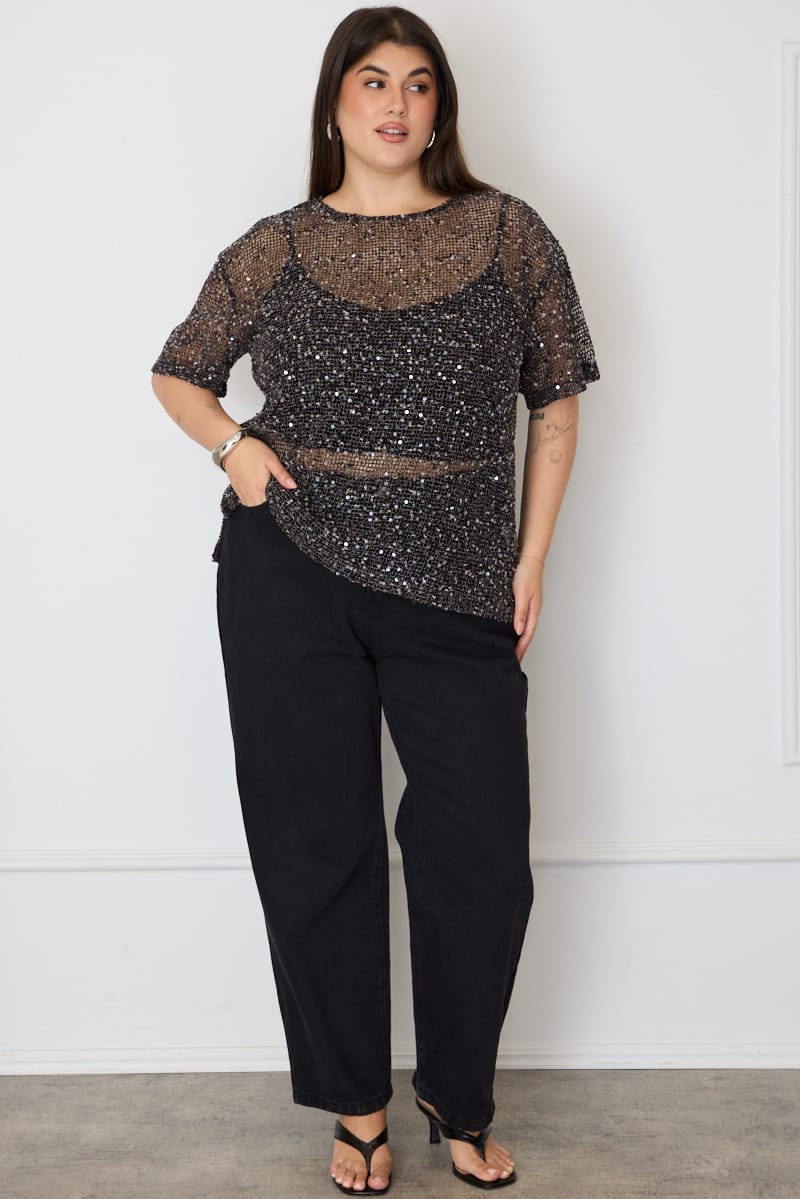 Black Metallic Oversized Short Sleeve Top for YouandAll Fashion