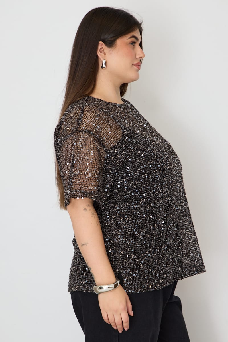 Black Metallic Oversized Short Sleeve Top for YouandAll Fashion