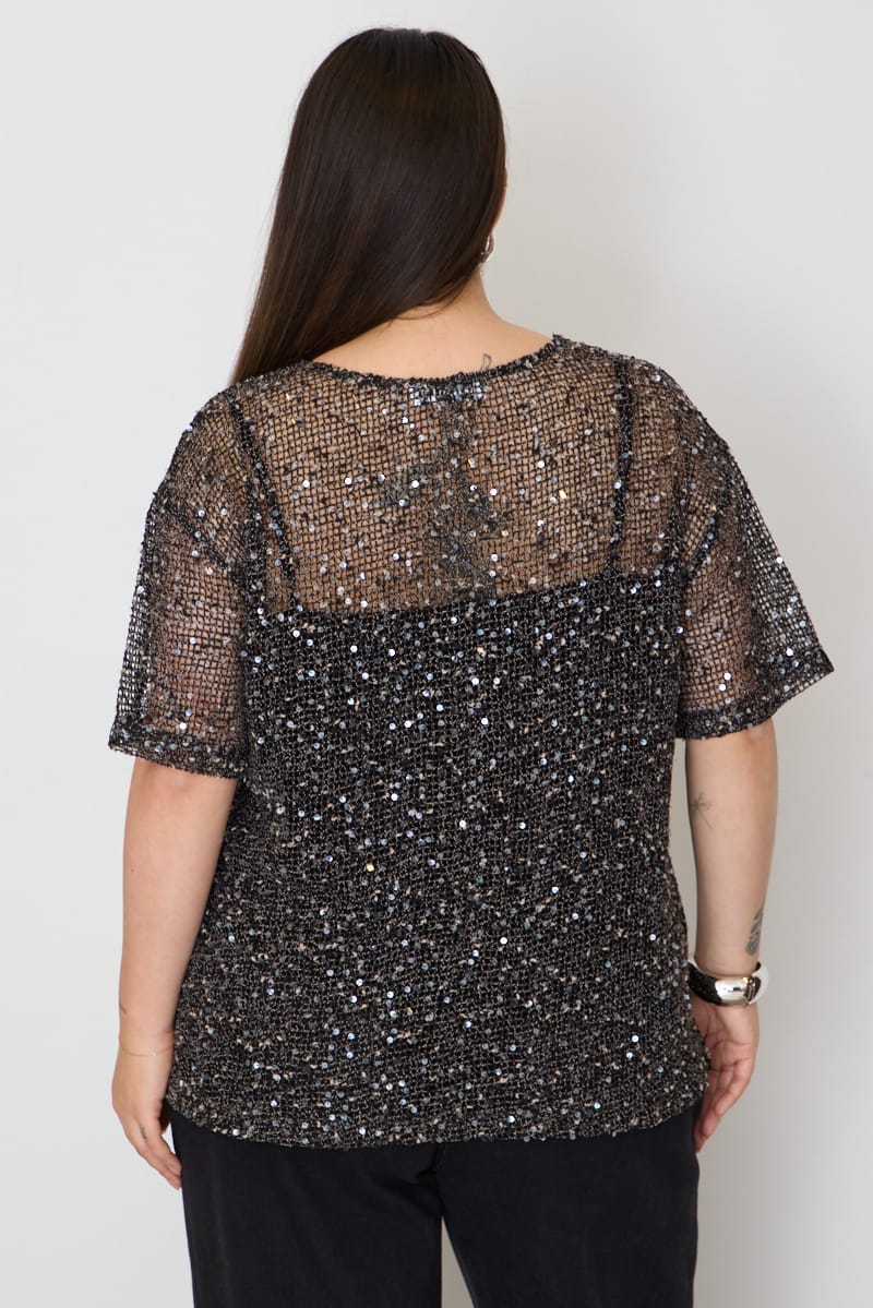 Black Metallic Oversized Short Sleeve Top for YouandAll Fashion