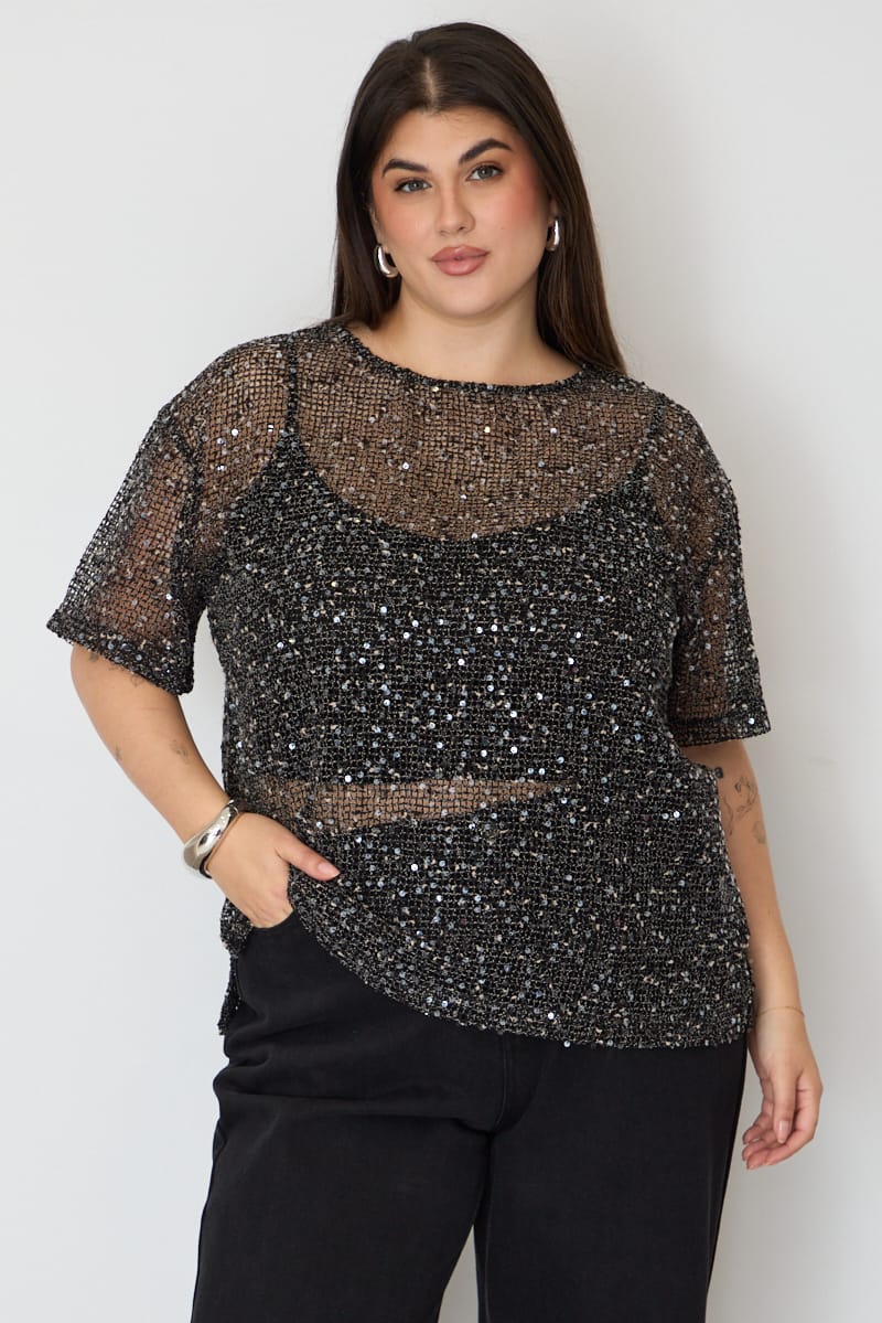 Black Metallic Oversized Short Sleeve Top for YouandAll Fashion