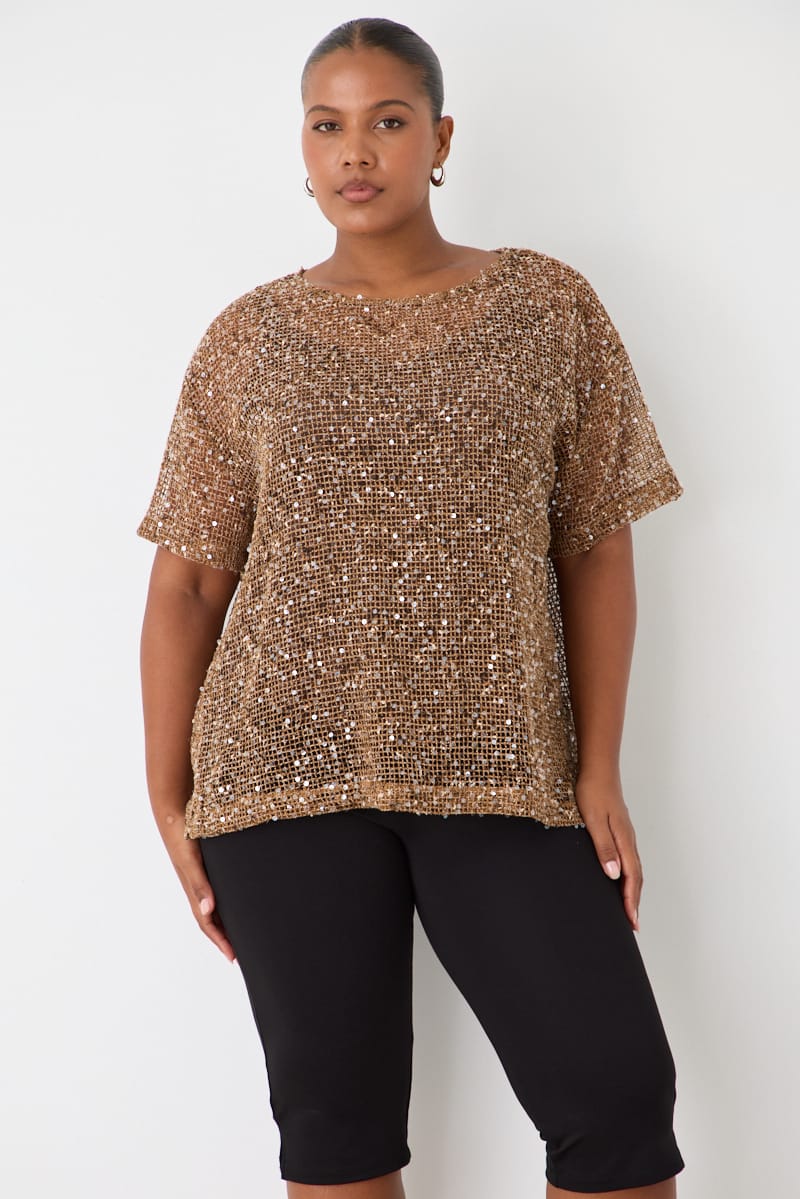 Brown Metallic Oversized Short Sleeve Top for YouandAll Fashion