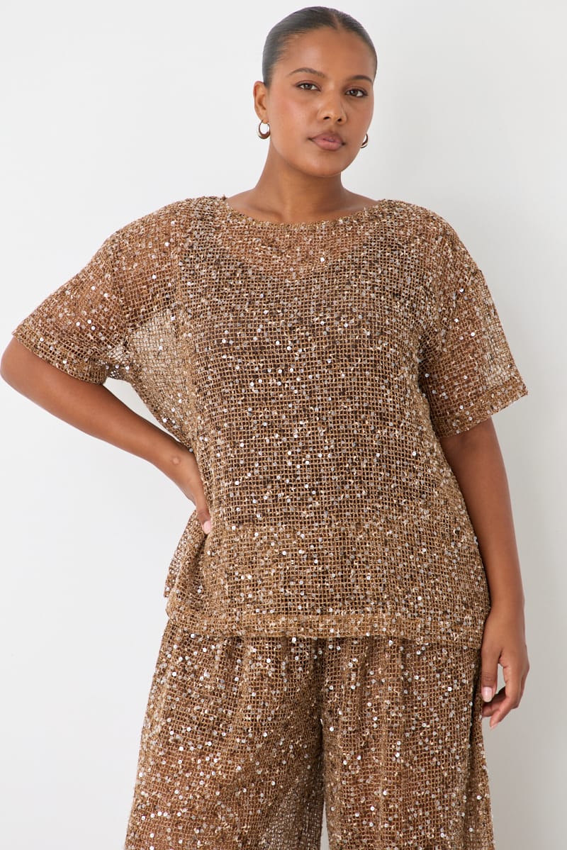 Brown Metallic Oversized Short Sleeve Top for YouandAll Fashion