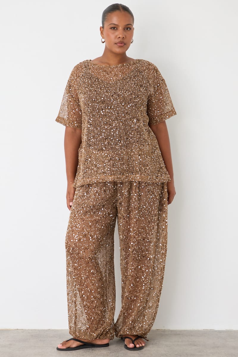 Brown Metallic Oversized Short Sleeve Top for YouandAll Fashion