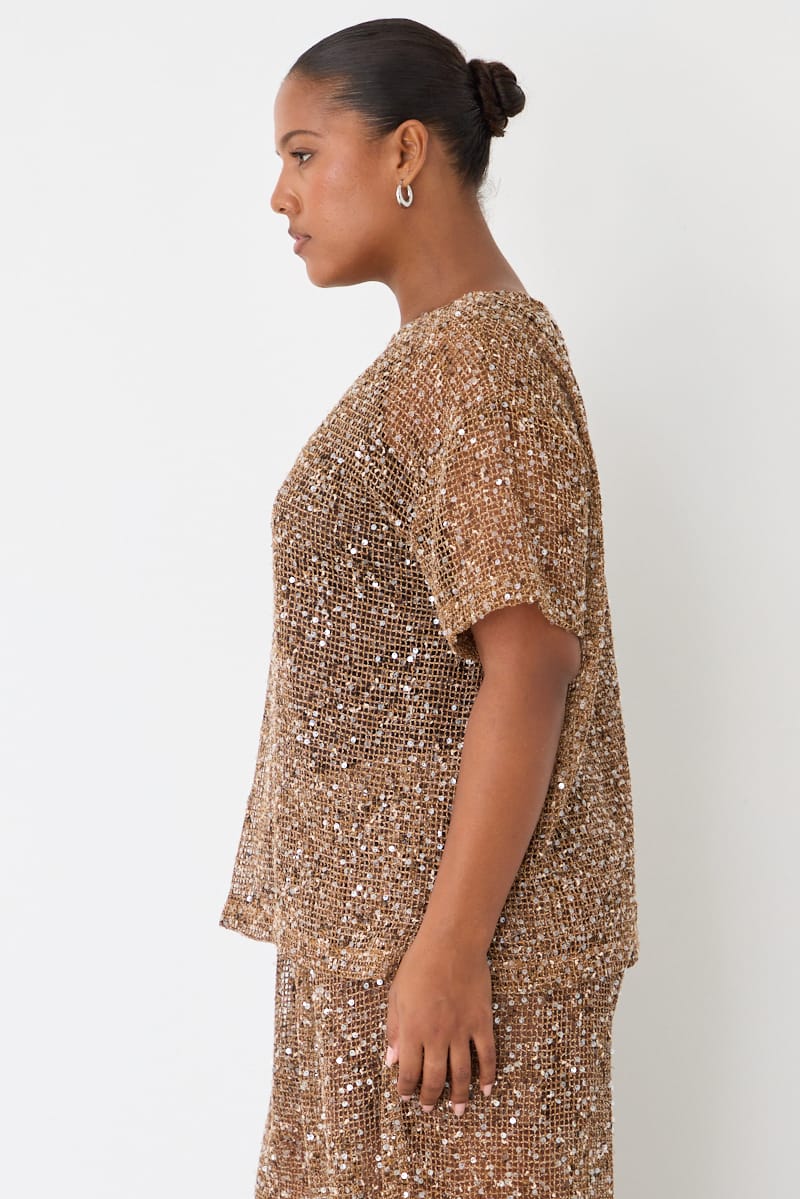 Brown Metallic Oversized Short Sleeve Top for YouandAll Fashion