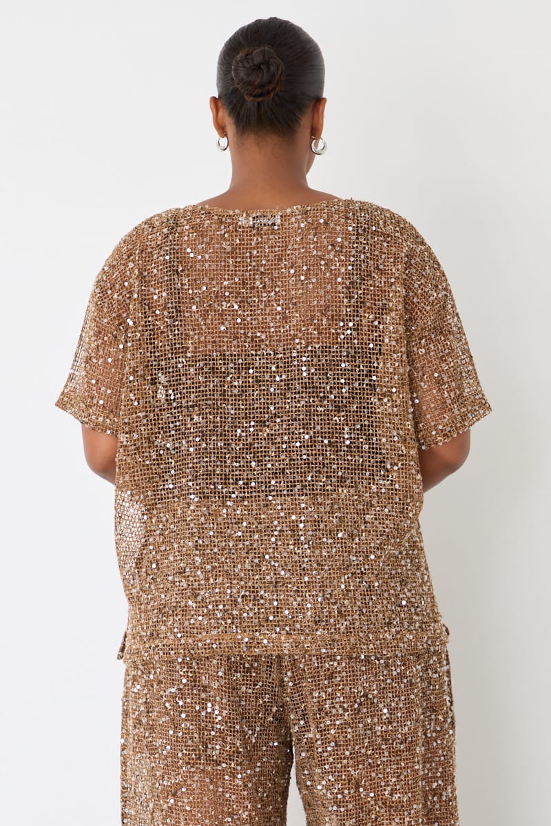 Brown Metallic Oversized Short Sleeve Top for YouandAll Fashion