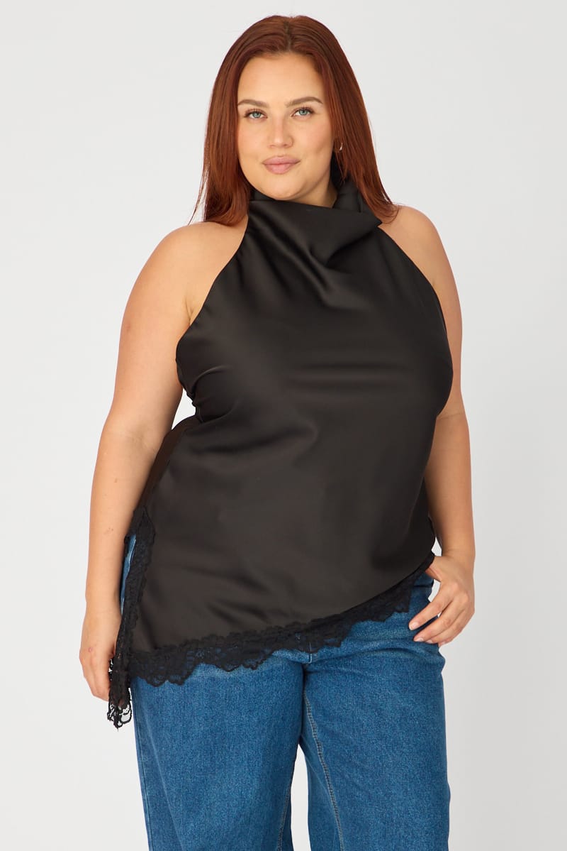 Black Halter Neck Top Sleeveless Lace Hem for YouandAll Fashion