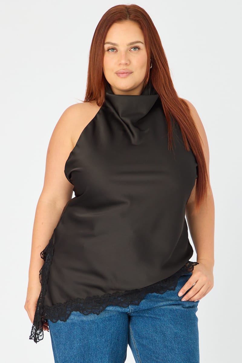 Black Halter Neck Top Sleeveless Lace Hem for YouandAll Fashion