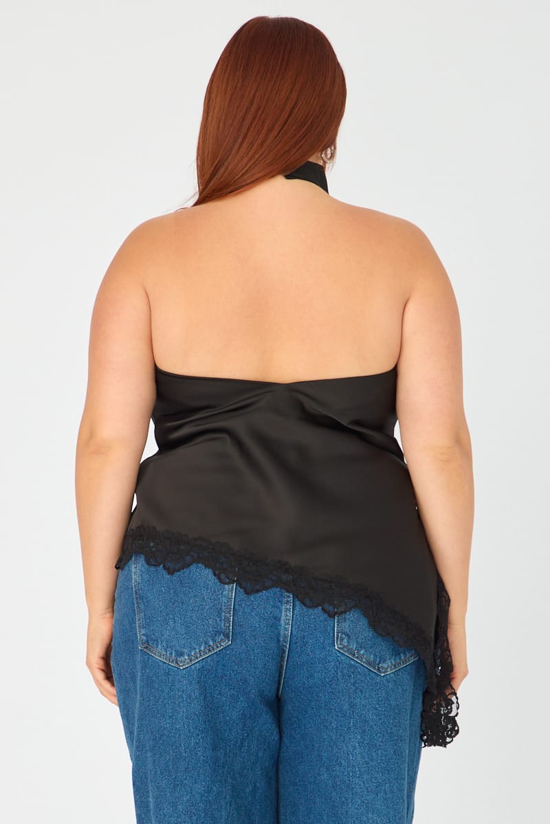 Black Halter Neck Top Sleeveless Lace Hem for YouandAll Fashion