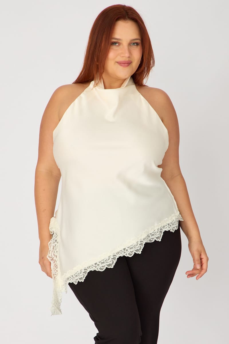 White Halter Neck Top Sleeveless Lace Hem for YouandAll Fashion