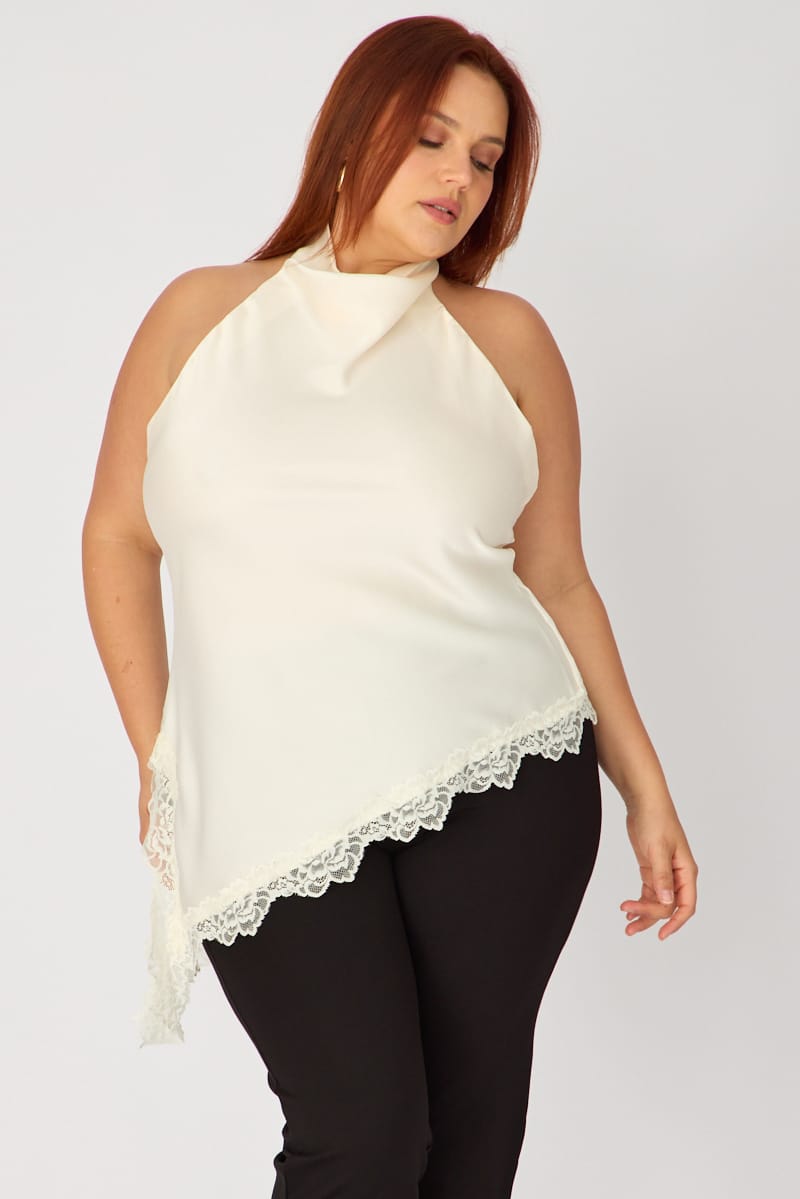 White Halter Neck Top Sleeveless Lace Hem for YouandAll Fashion