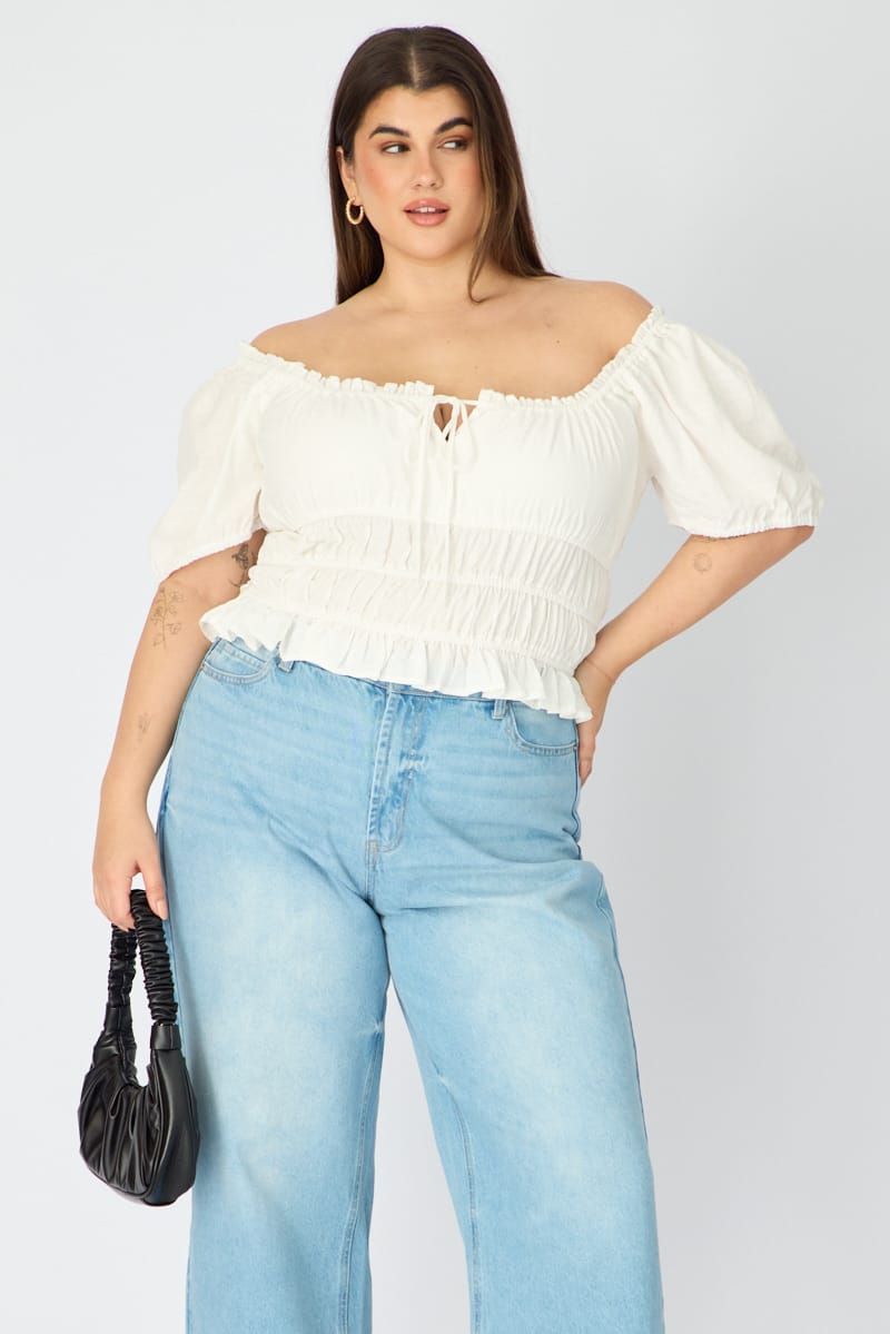 White Frill Ruched Blouse Short Sleeve for YouandAll Fashion