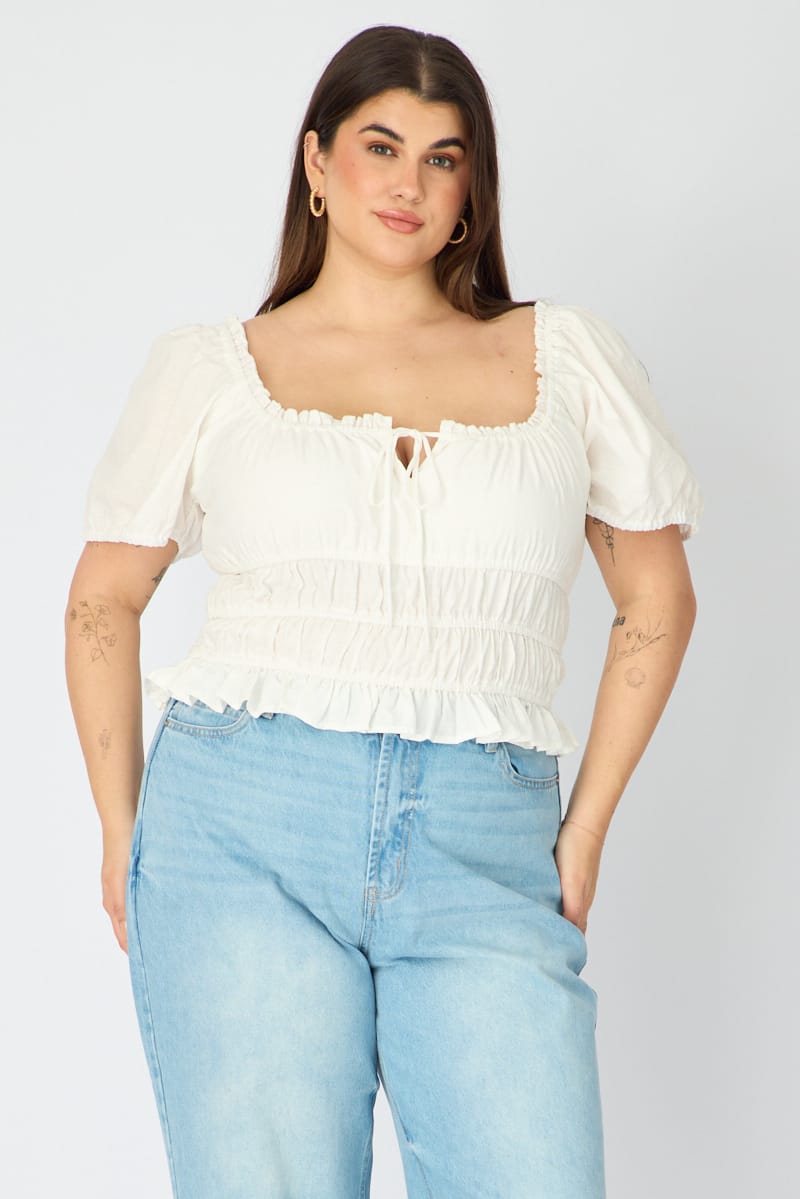 White Frill Ruched Blouse Short Sleeve for YouandAll Fashion