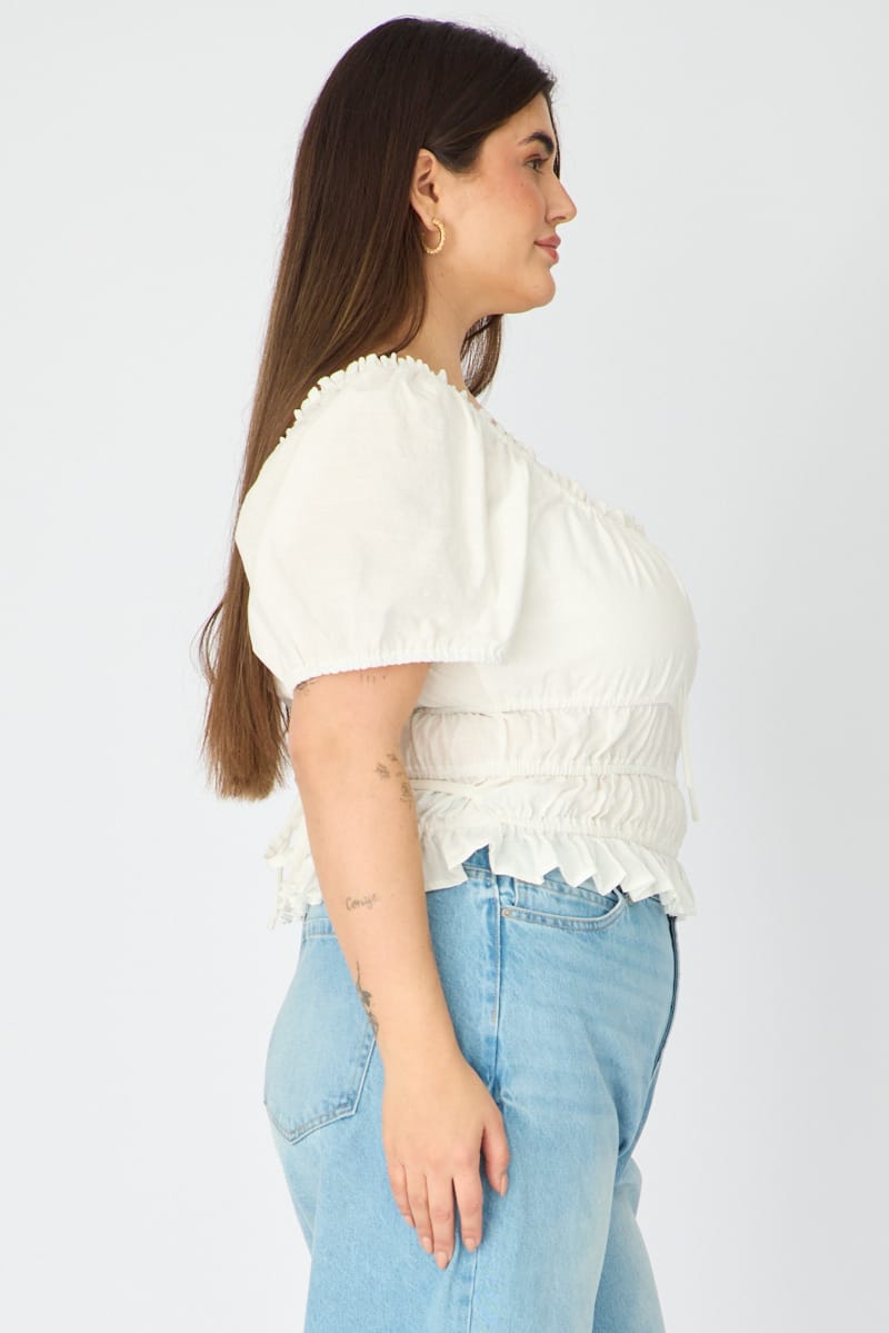White Frill Ruched Blouse Short Sleeve for YouandAll Fashion