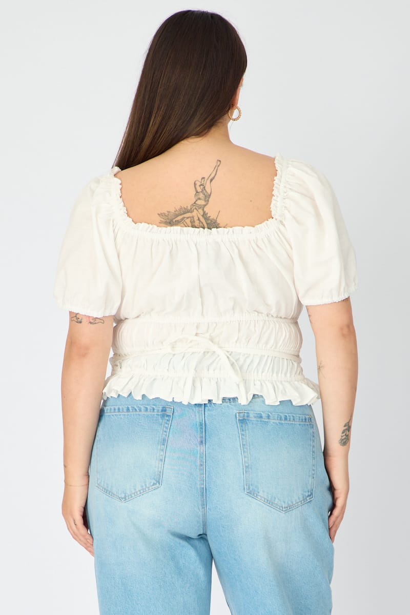 White Frill Ruched Blouse Short Sleeve for YouandAll Fashion