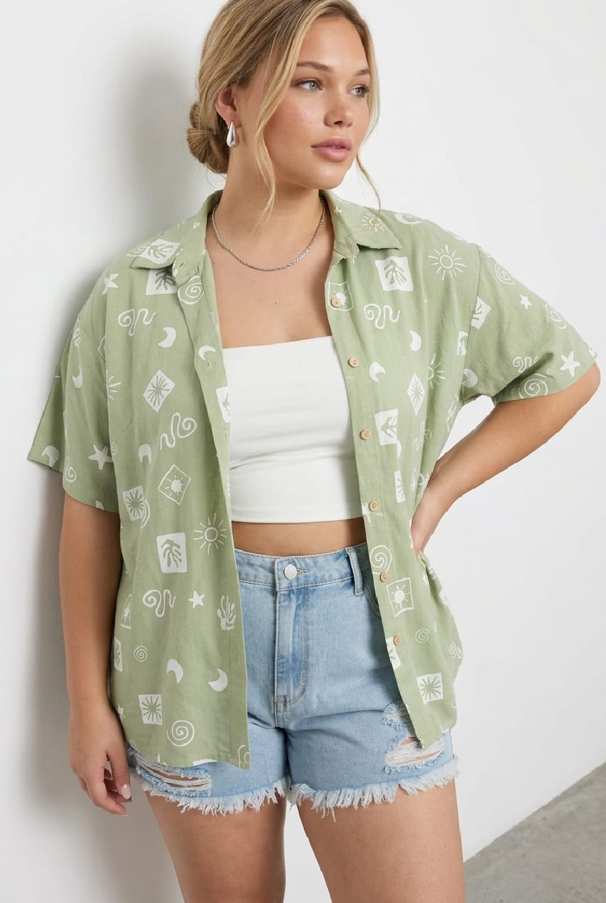Green Abstract Relaxed Shirt Short Sleeve for YouandAll Fashion
