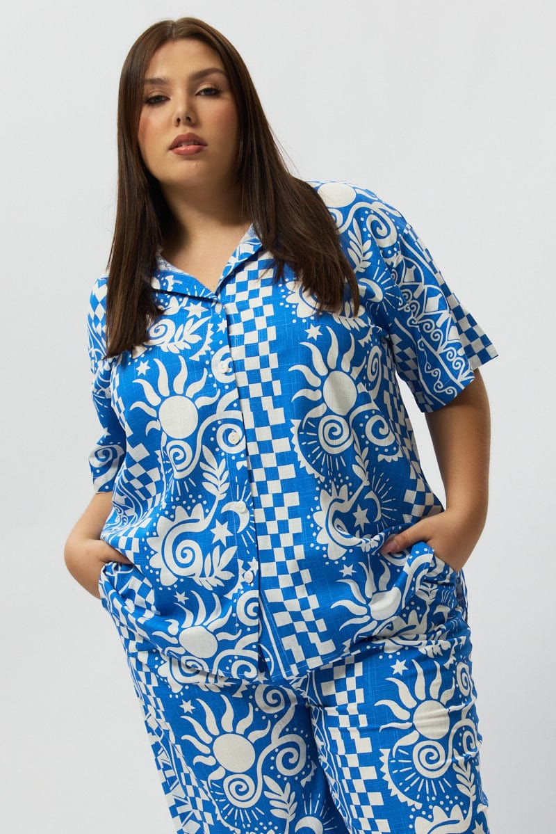 Blue Abstract Relaxed Shirt Short Sleeve Linen Blend for YouandAll Fashion