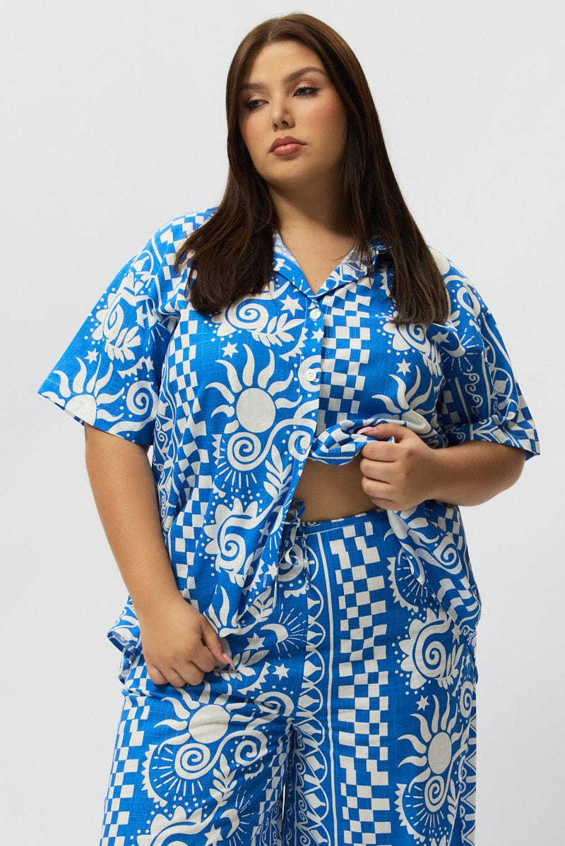 Blue Abstract Relaxed Shirt Short Sleeve Linen Blend for YouandAll Fashion