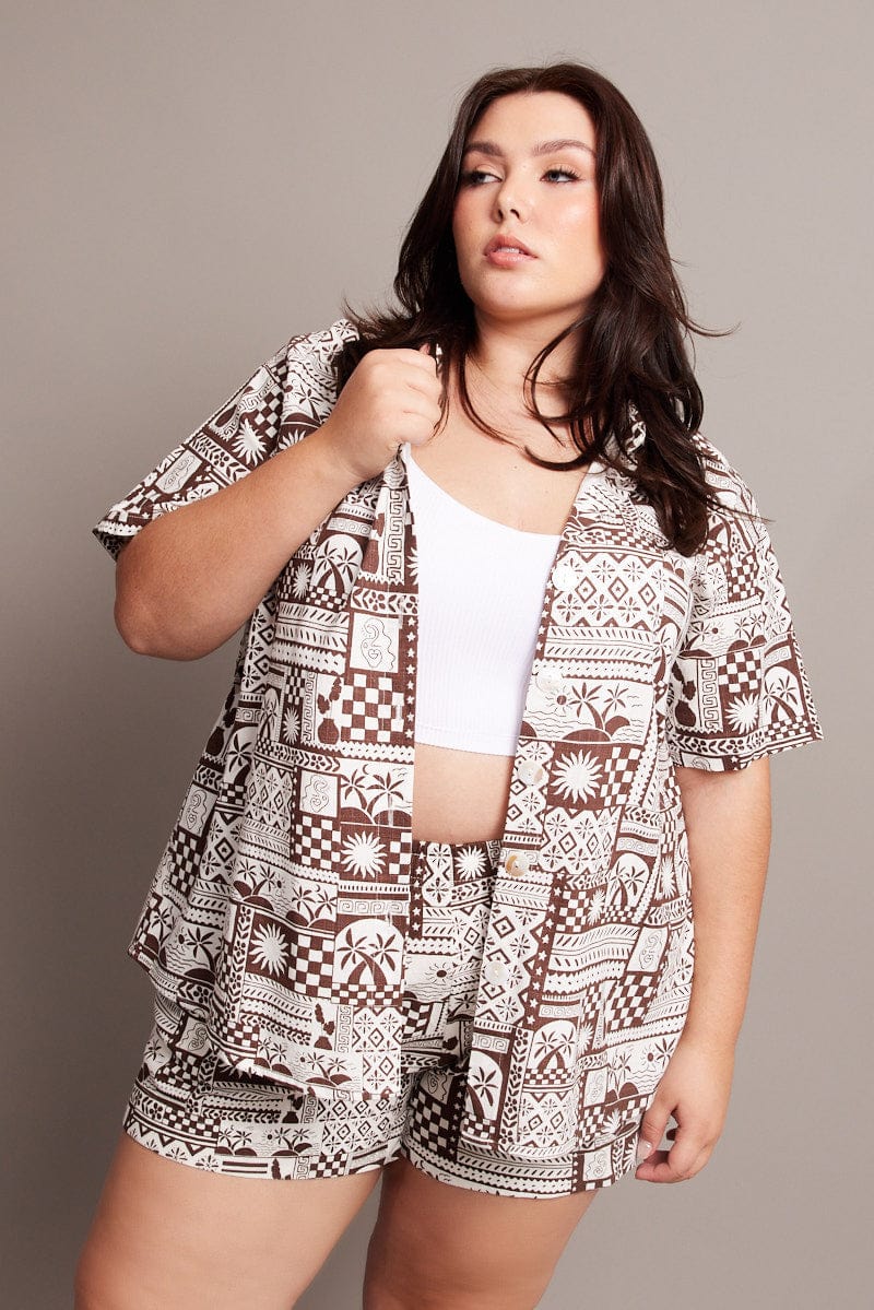 Brown Abstract Relaxed Shirt Short Sleeve for YouandAll Fashion