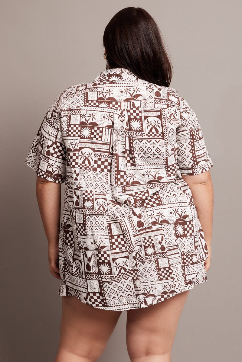 Brown Abstract Relaxed Shirt Short Sleeve for YouandAll Fashion