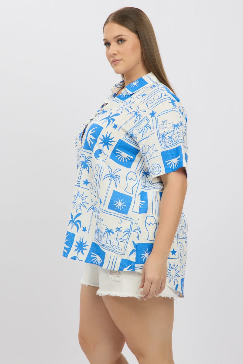 Blue Abstract Relaxed Shirt Short Sleeve Linen Blend for YouandAll Fashion